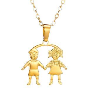 18K Gold Plated Women's Children Boy Girl Figure Hold Hands Necklace Family